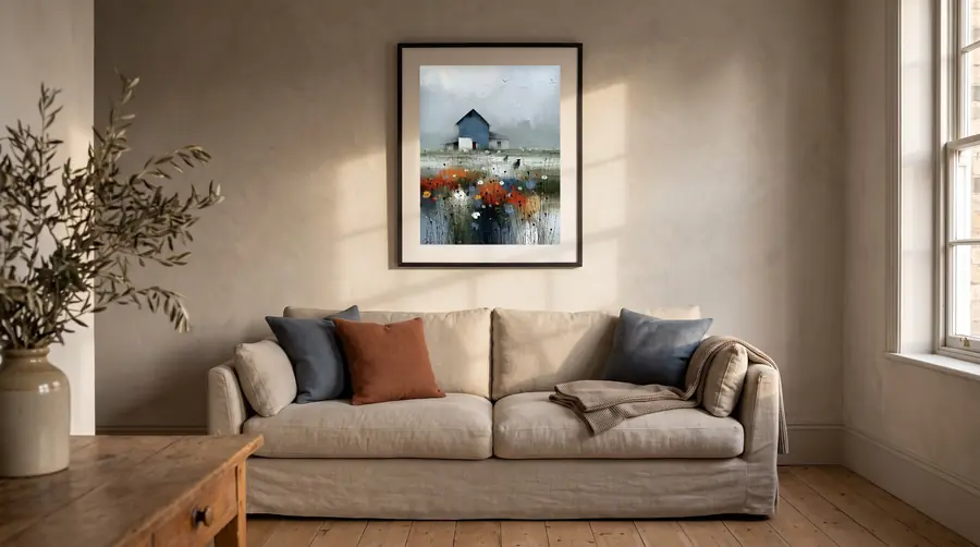 The Blue Barn framed above a linen sofa in a sunlit living room, by Janet Soon Art Studio