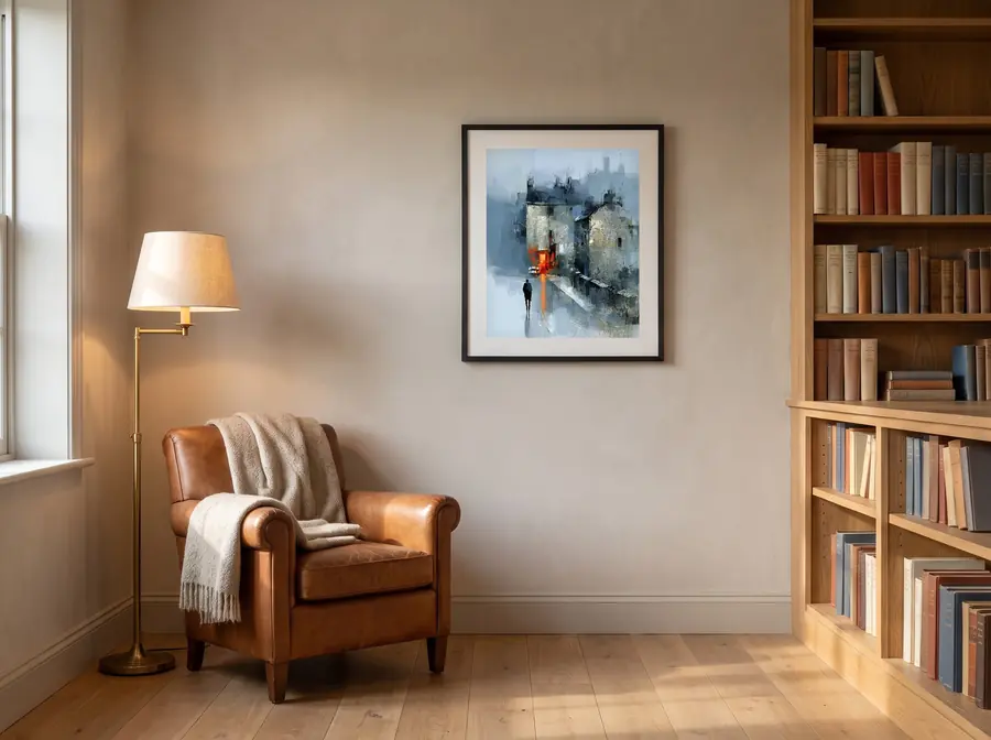 The Bookshop at the End of the Street framed beside a bookshelf above a leather reading chair, by Janet Soon Art Studio