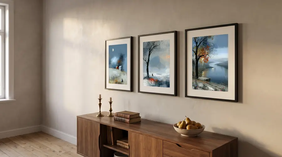 Three framed artworks — Before Dark · One More Afternoon · The Quiet River — hung in a row above a walnut sideboard, by Janet Soon Art Studio