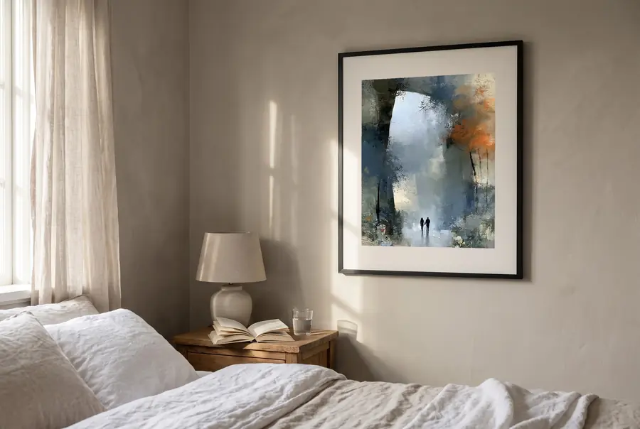 Hand In Hand framed above a bedside table in morning light, by Janet Soon Art Studio