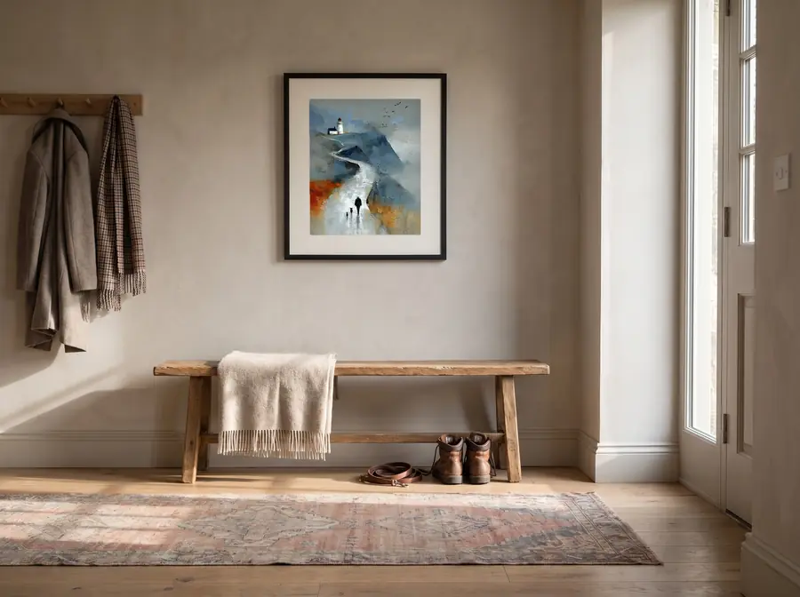 Keep Walking framed above an oak bench in an entry hall, by Janet Soon Art Studio