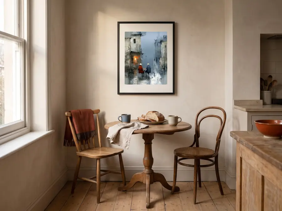 A Table For Two framed above a small breakfast table set for two, by Janet Soon Art Studio